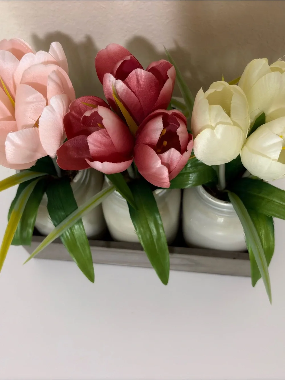 Sonoma Pink, Rose and Cream Tulip Trio in White Mason Jars